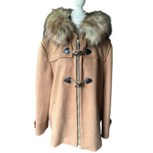 NINE WEST NEW FAUX TRIM HOODED TOGGLE PEA COAT WOMENS SIZE M MEDIUM BEIGE